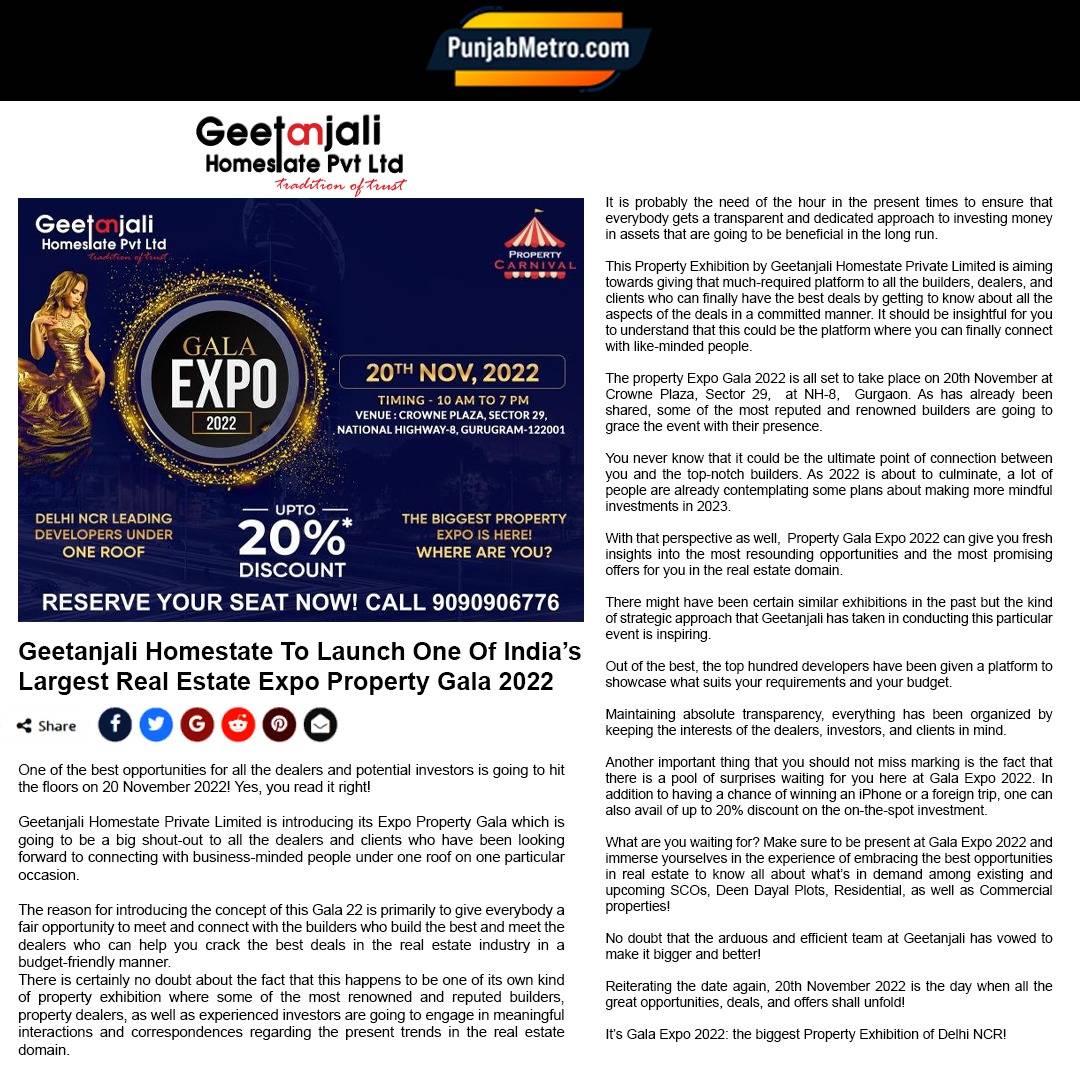 Geetanjali Homestate to launch one of Indiaâ€™s largest Real Estate Expo Property Gala 2022