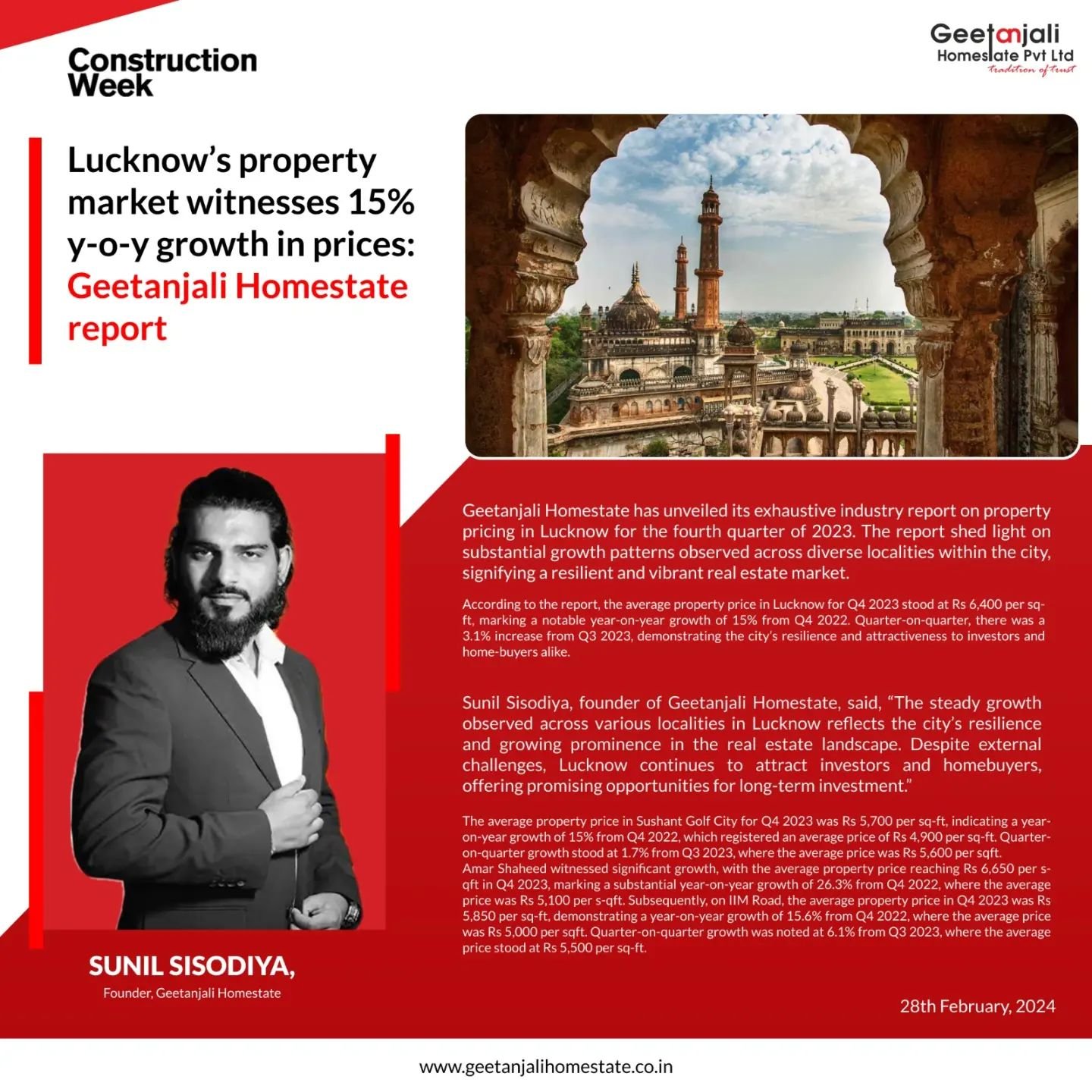 Lucknowâ€™s property market witnesses 15% y-o-y growth in prices: Geetanjali Homestate report